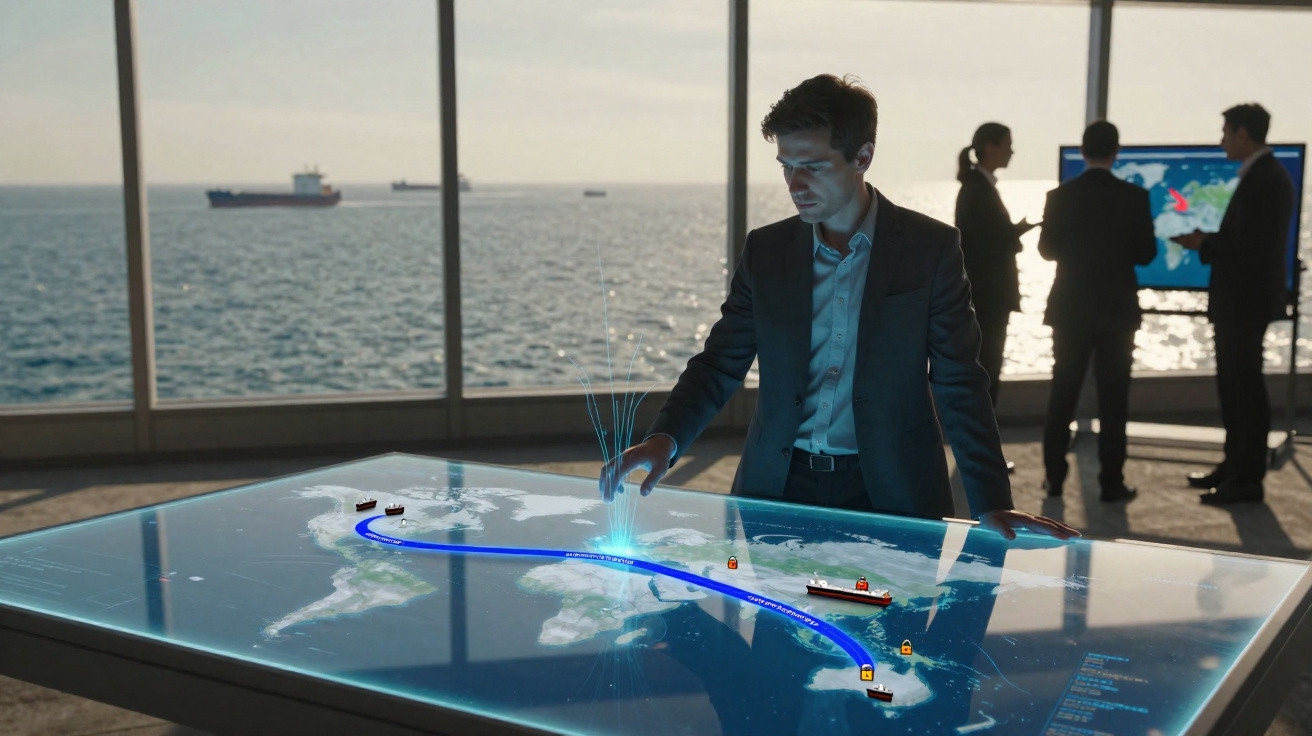 Mann bedient interaktiven digitalen Weltkarten-Tisch mit Containerschiff-Routen vor Meerfenstern.