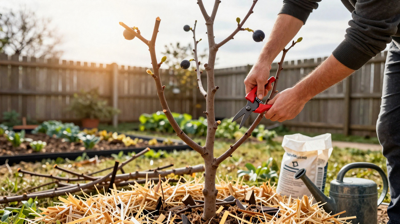 Person schneidet im Garten einen jungen Baum mit Gartenschere bei Sonnenuntergang zurück.