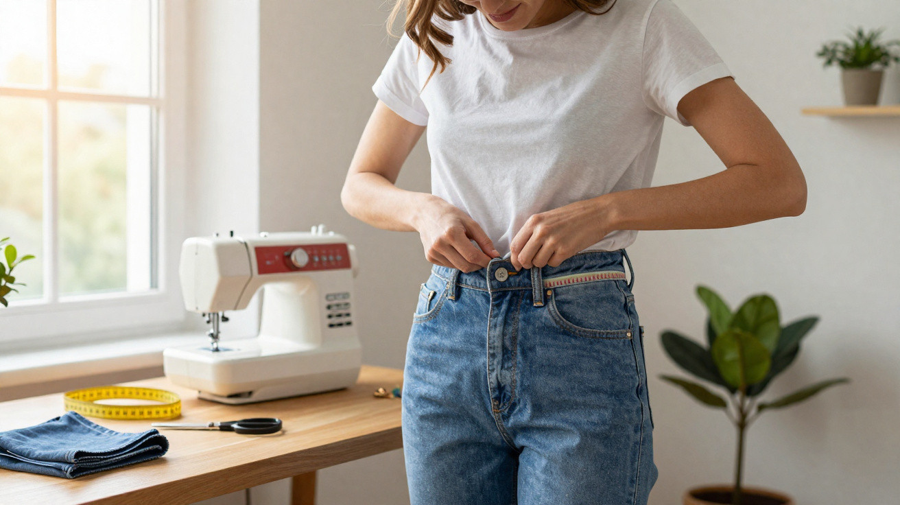 Frau im weißen T-Shirt schließt eine blaue Jeans vor einem Tisch mit Nähmaschine und Schneidwerkzeugen.