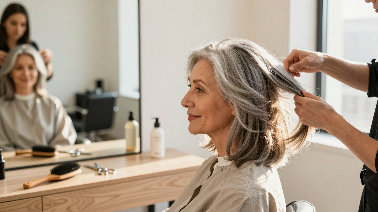 Ältere Frau mit grauem Haar bekommt im Friseursalon eine Frisur gestylt, lächelnd im Profil.