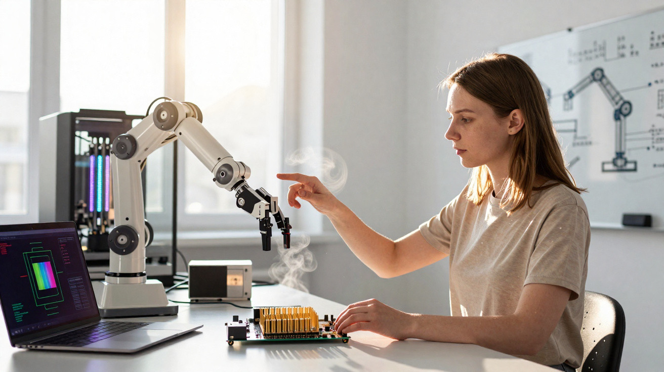Frau testet Rauchentwicklung an Roboterarm in modernem Labor mit Laptop und Schaltplan an der Wand.