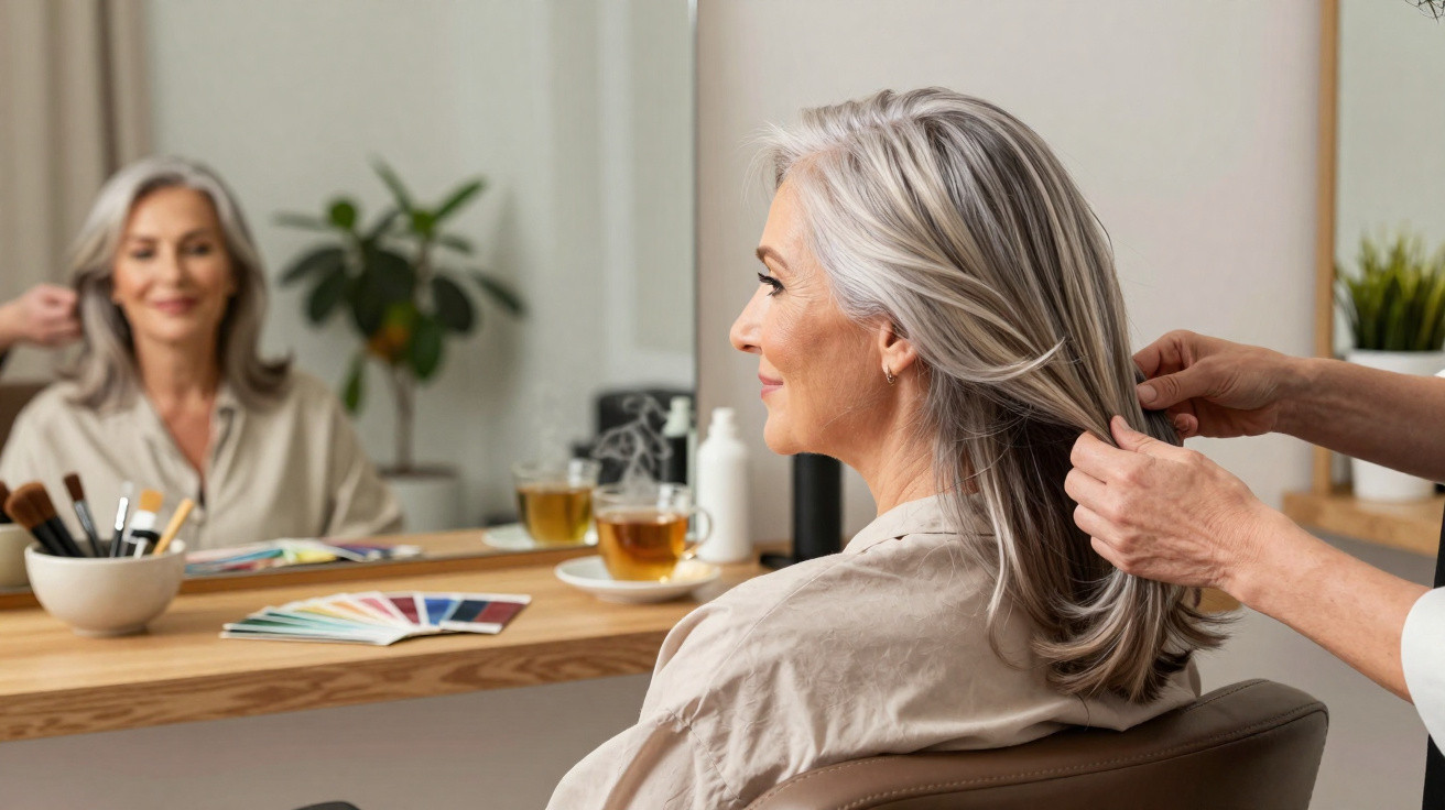 Ältere Frau mit grauen Haaren sitzt lächelnd vor Spiegel, Hände kämmen ihr Haar im Friseursalon.