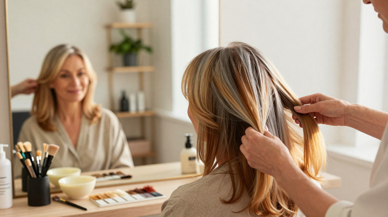Friseurin stylt die Haare einer lächelnden Frau vor einem Spiegel in einem gemütlichen Salon.