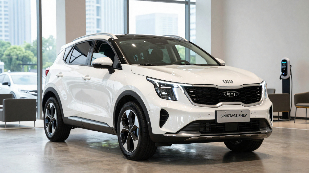 Weißer Kia Sportage PHEV SUV steht in hellem Autohaus mit Ladesäule im Hintergrund.