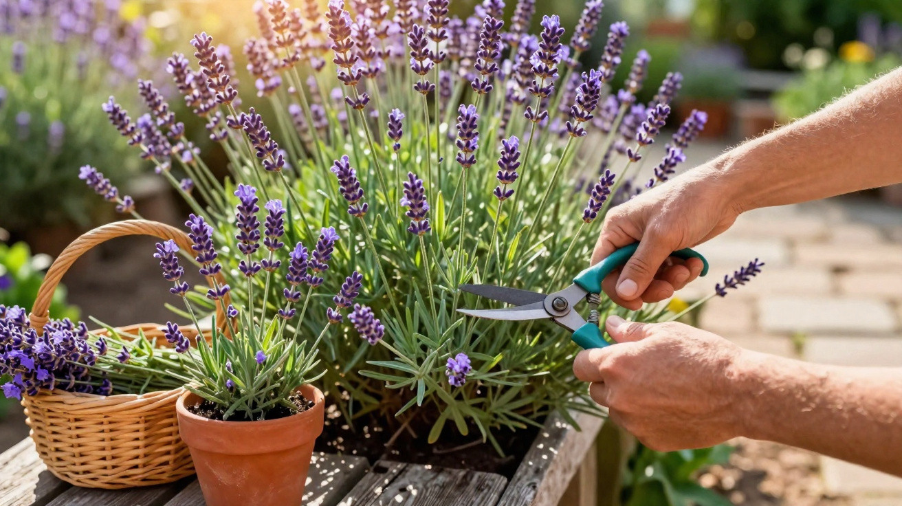 Person schneidet Lavendelblüten mit Gartenschere in Töpfen und Korb auf Holztisch im Garten.