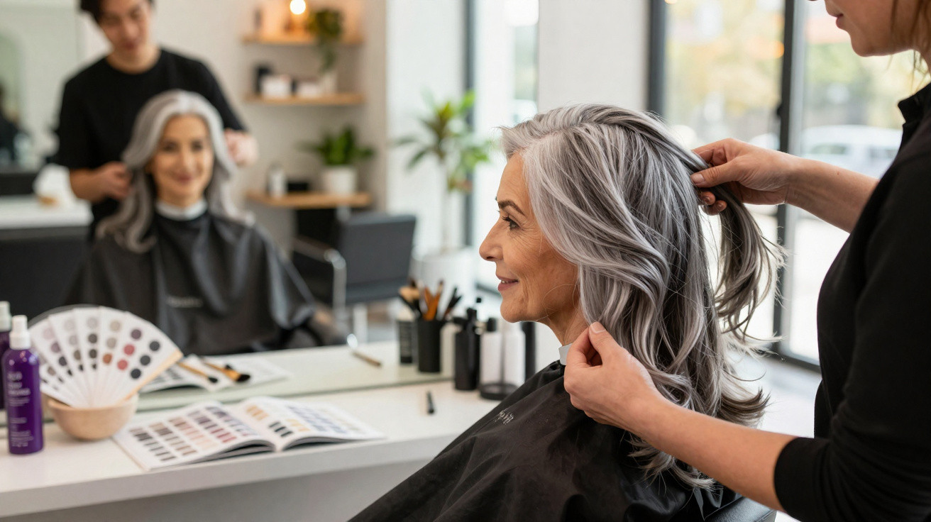 Ältere Frau mit grauen Haaren lässt sich im Friseursalon von einer Stylistin die Haare stylen.