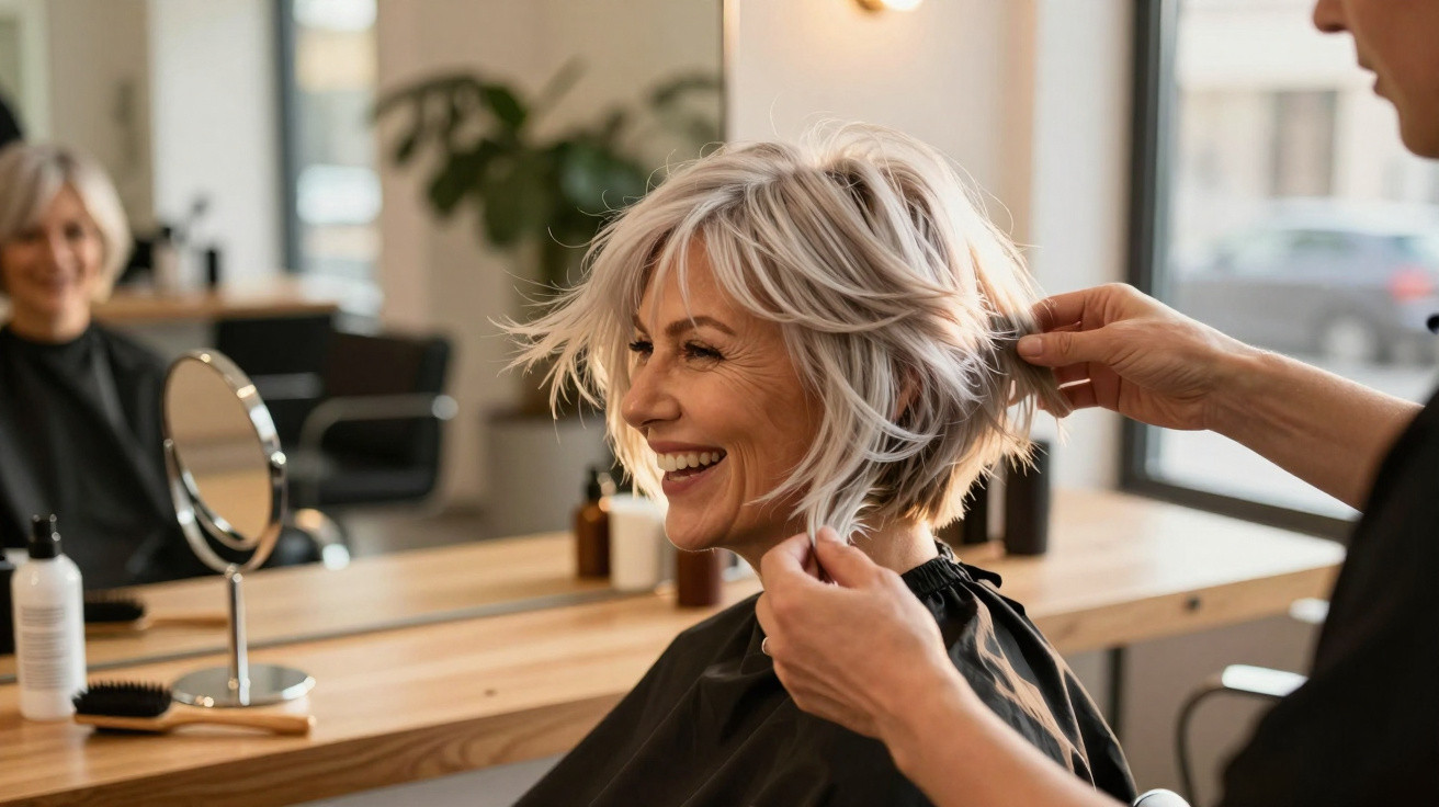 Fröhliche Frau bekommt einen frischen Kurzhaarschnitt im Friseursalon mit Spiegel und Haarpflegeprodukten im Hintergrund.
