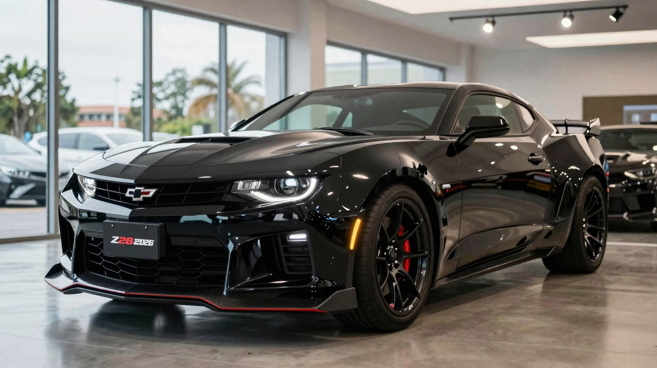 Schwarzer Chevrolet Camaro Z28 2026 Sportwagen in hellem Showroom mit großen Fenstern und glänzendem Boden.