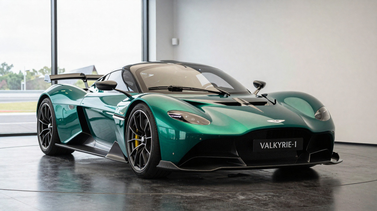 Grüner Aston Martin Valkyrie Supersportwagen in einem modernen, hellen Showroom.