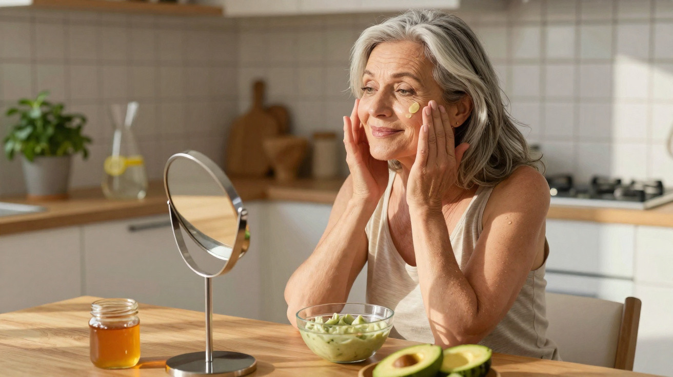 Ältere Frau trägt Gesichtscreme im hellen Küchenraum auf, mit Avocado und Honig auf dem Tisch.