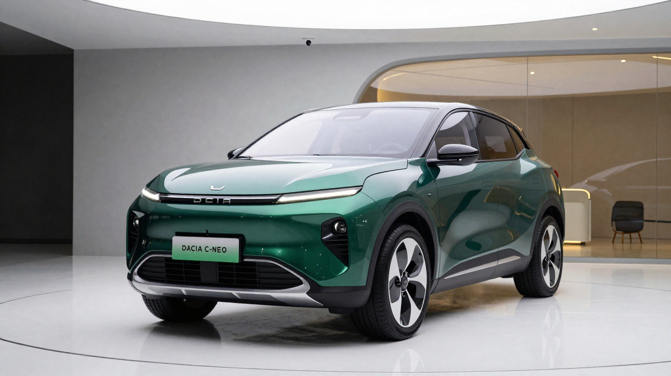 Grüner Dacia C-NEO Elektro-SUV in modernem Showroom mit reflektierendem Boden und minimalistischer Einrichtung.