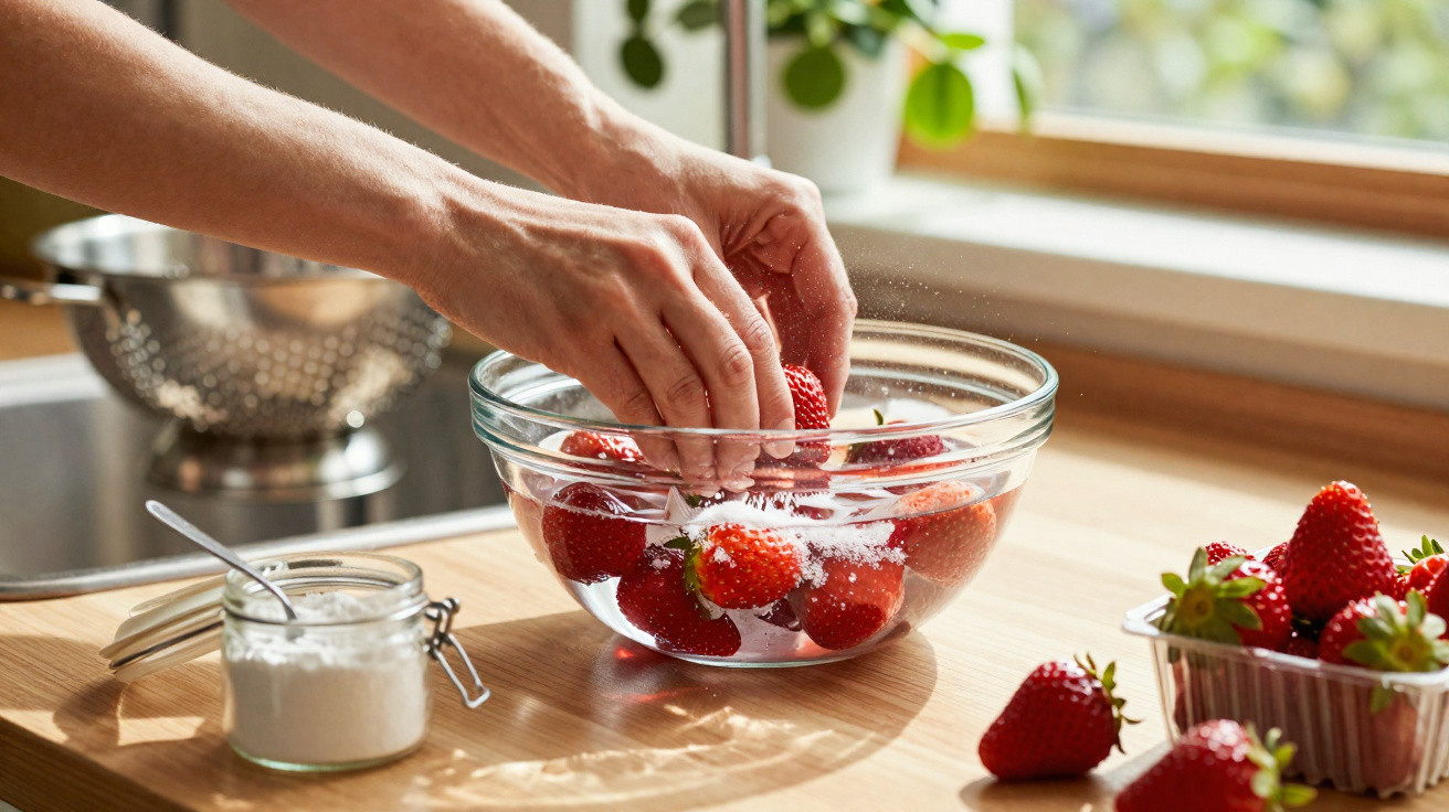 Hände waschen frische Erdbeeren in einer Glasschüssel mit Wasser auf einer Holzarbeitsplatte.