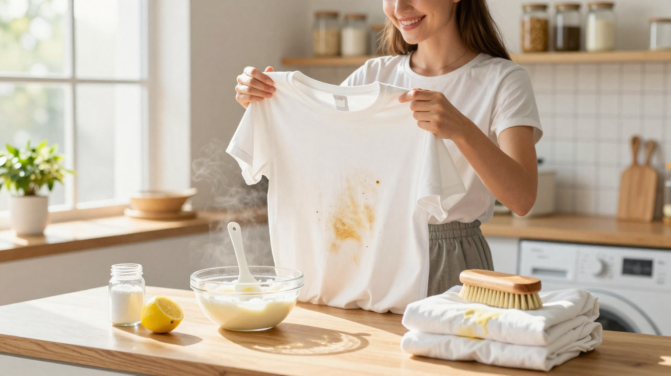 Frau zeigt weißes T-Shirt mit Fleck in moderner Küche, daneben Hausmittel und Bürste zum Fleckenentfernen.