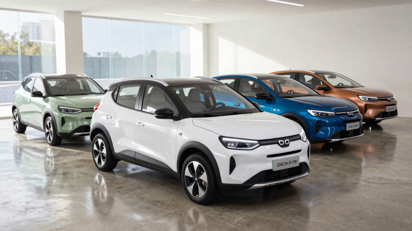 Vier Dacia EV-SUVs in unterschiedlichen Farben in einer hellen Ausstellungsraumhalle nebeneinander geparkt.