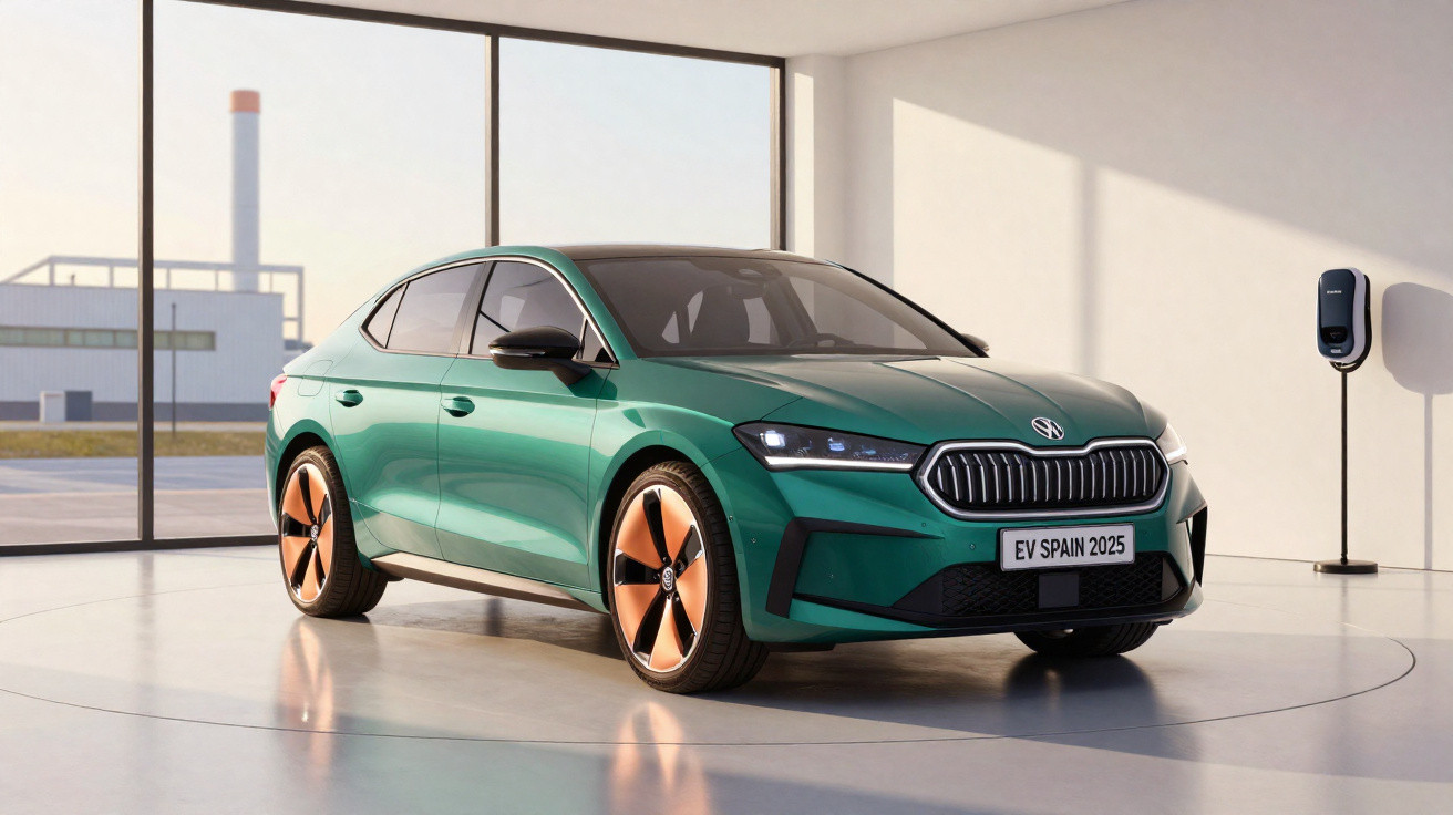 Grünes Elektroauto steht in modernem Raum mit großen Fenstern und Ladestation an der Wand.