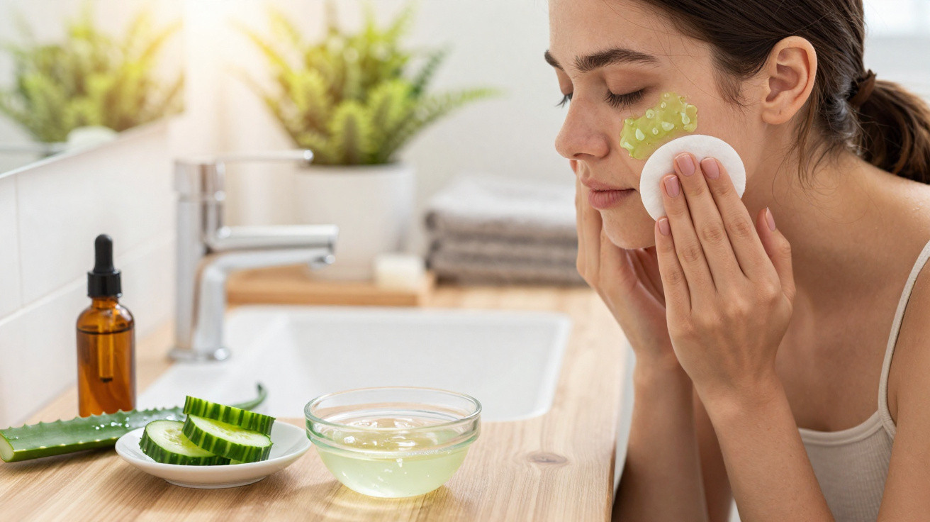 Frau trägt Gelmaske mit Aloe Vera auf Gesicht auf, neben ihr liegen Gurkenscheiben und Hautpflegeprodukte.