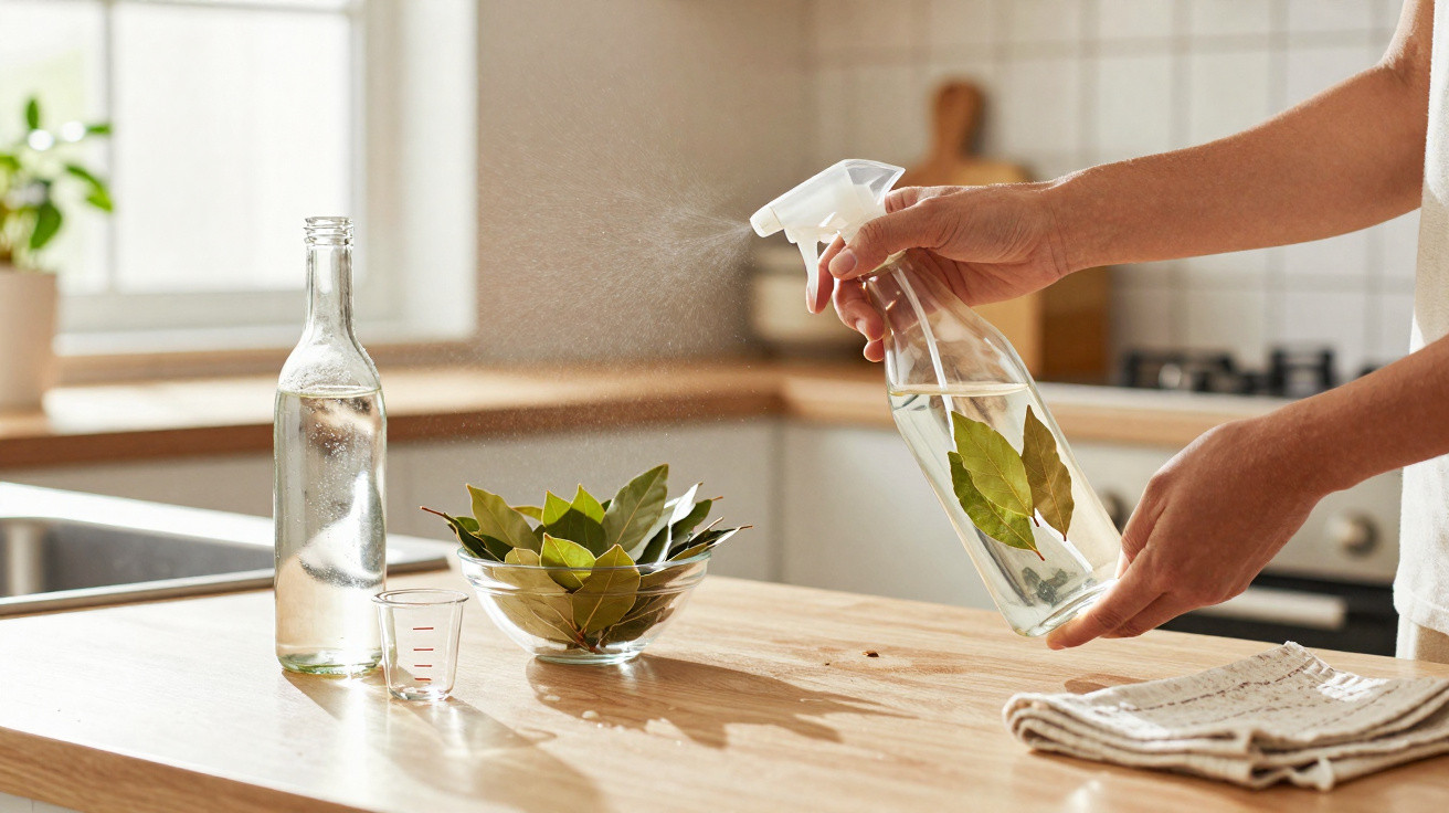 Person besprüht Lorbeerblätter in einer Sprühflasche mit Wasser auf einem Küchenarbeitsplatz.