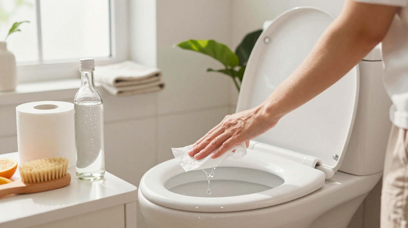 Person wischt Toilettenrand mit feuchtem Tuch in einem hellen Badezimmer sauber.