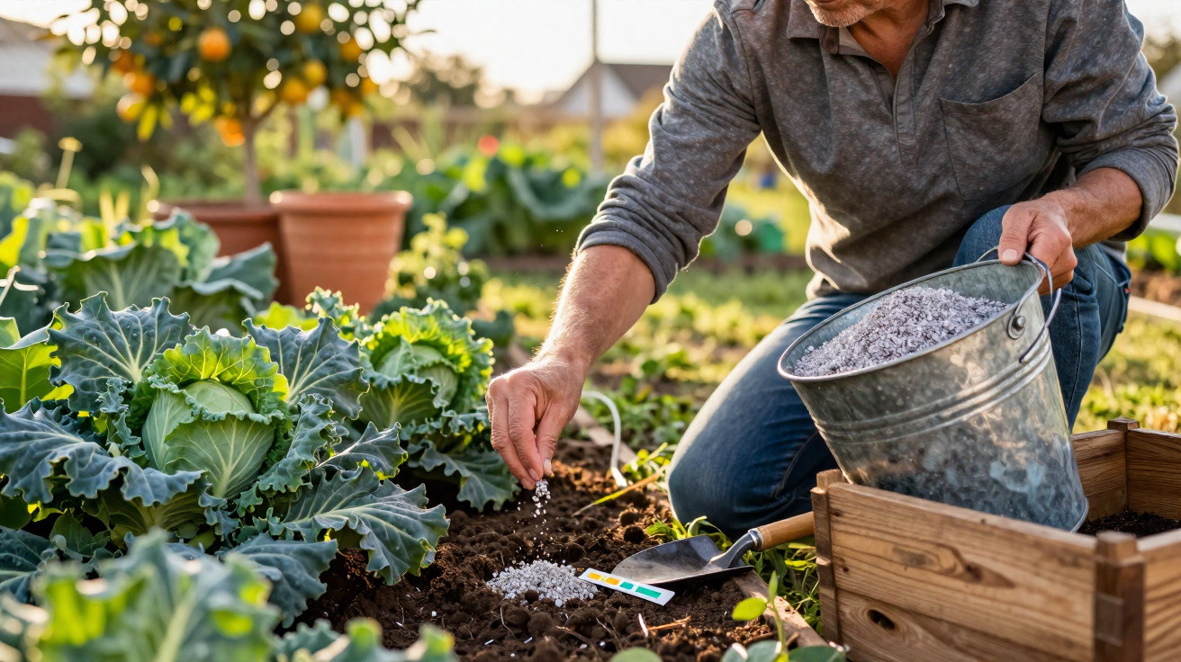 Älterer Mann düngt im Garten mit Granulat, umgeben von grünen Kohlpflanzen und sonnigem Wetter.