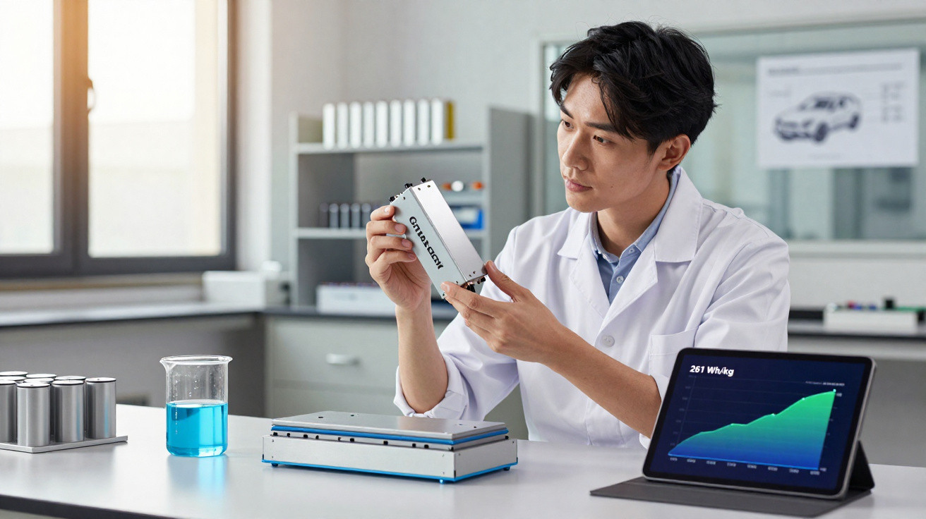 Wissenschaftler im Labor untersucht Batteriepack vor Tablet mit Aufzeichnung von Leistungskurve.