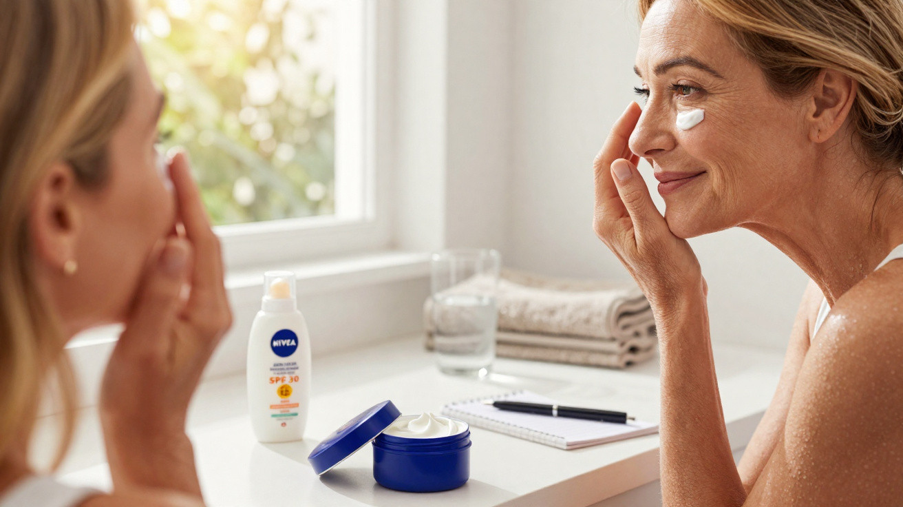 Frau trägt Gesichtscreme auf, daneben Nivea Sonnencreme und geöffneter Cremetiegel auf dem Waschbecken.