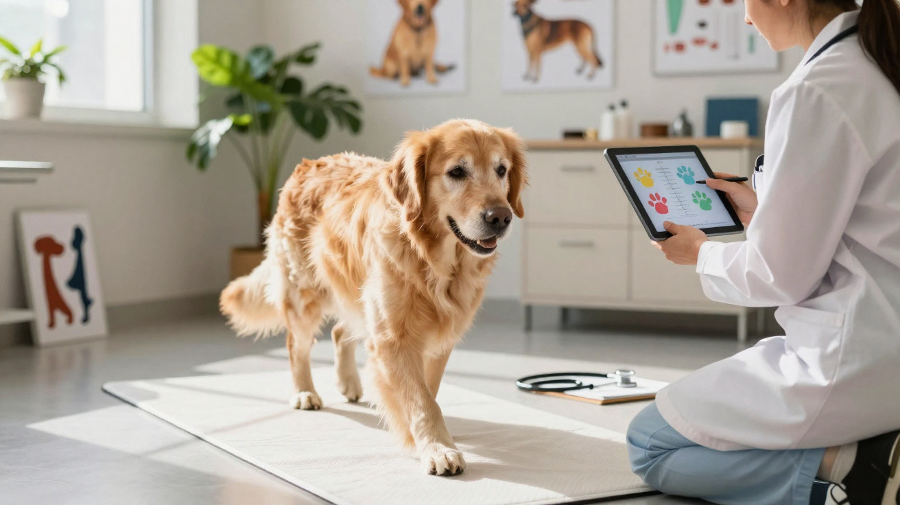 Tierärztin untersucht lächelnden Golden Retriever im hellen Behandlungszimmer mit digitalem Tablet.