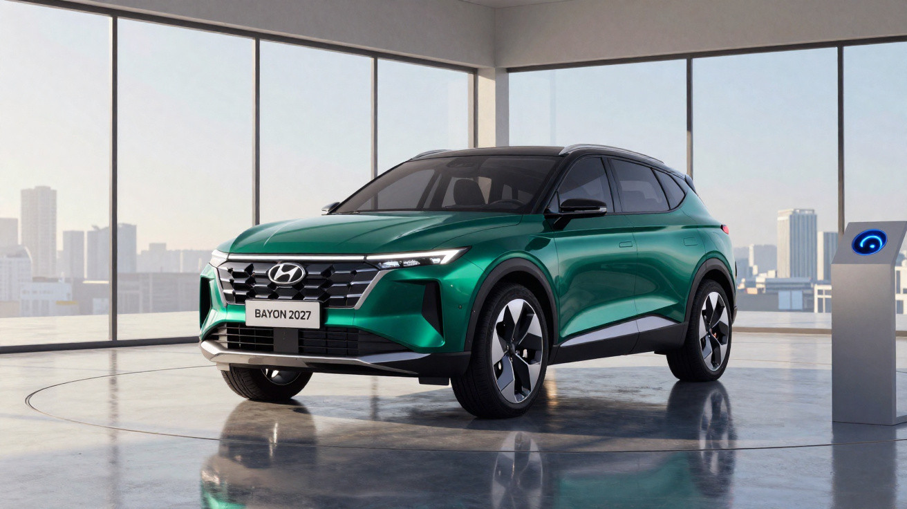 Grüner Hyundai Bayon 2027 SUV in modernem Showroom mit Panorama-Fenstern und Stadtblick.