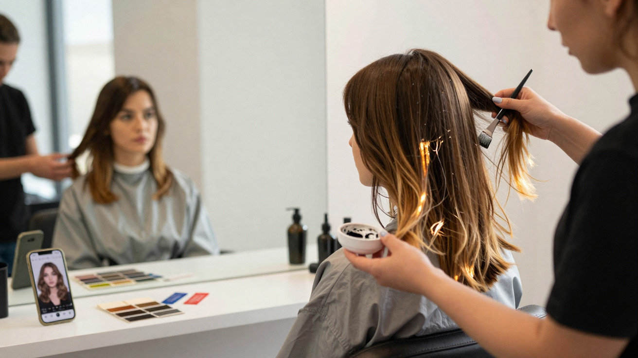 Friseurin trägt Farbe auf die Haare einer Frau auf, die vor einem Spiegel im Friseursalon sitzt.