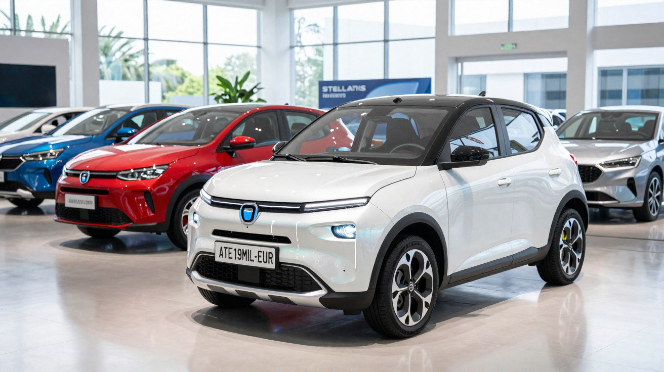Drei moderne Kleinwagen in einem hellen Autohaus, Fokus auf weißem Elektroauto mit schwarzem Dach.