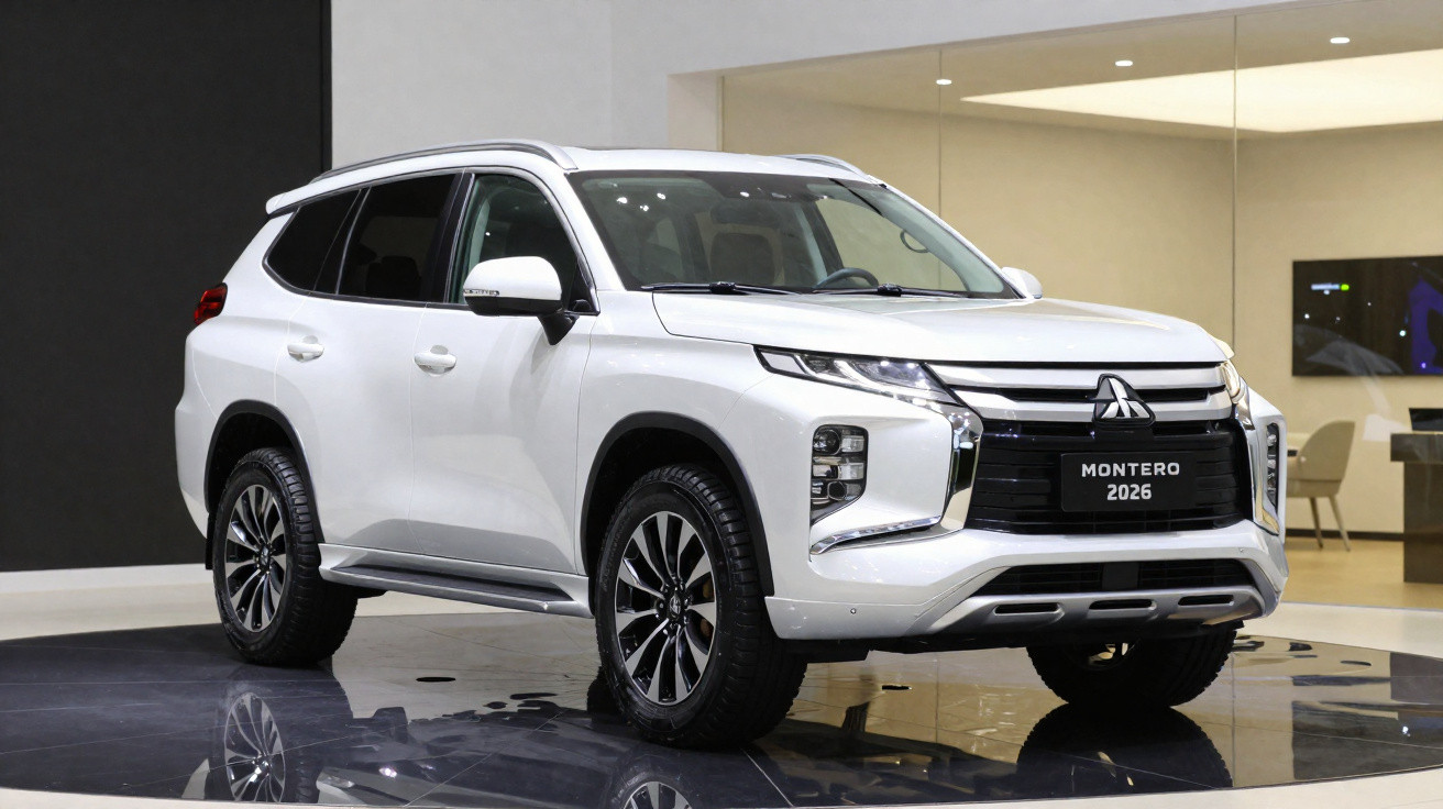 Weißer Mitsubishi Montero 2026 SUV in modernem Showroom auf glänzendem Boden stehend.