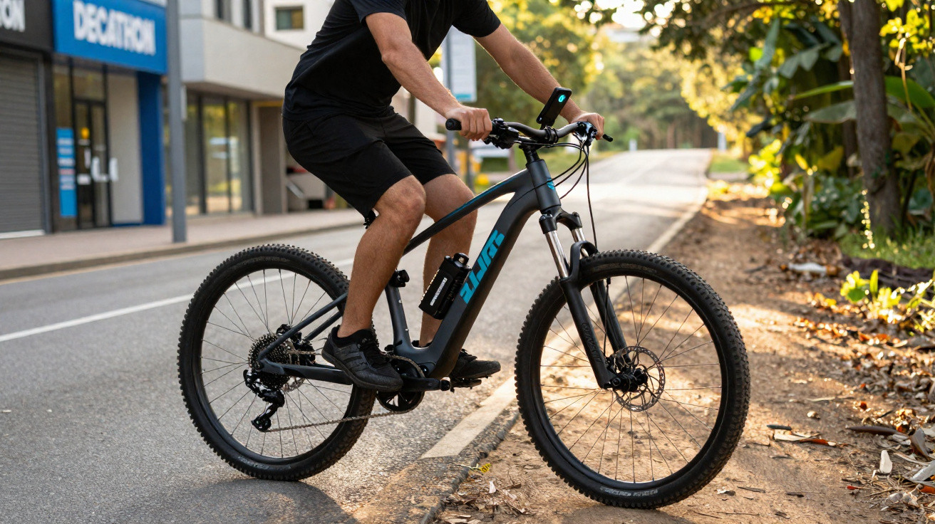 Person in schwarzer Kleidung fährt Mountainbike auf Straße neben Waldweg bei Sonnenlicht