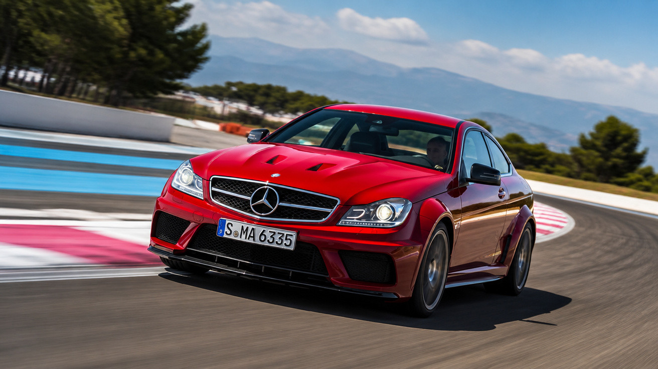 Roter Mercedes-Benz Sportwagen fährt schnell auf kurviger Rennstrecke bei sonnigem Wetter.