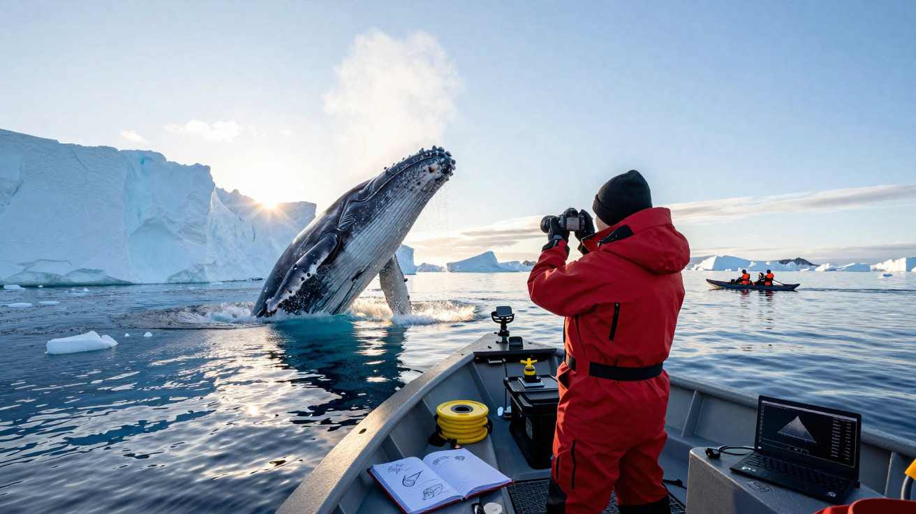 Fotograf in rotem Overall filmt Buckelwal, der aus eisigem Wasser neben Boot springt, Eisberge im Hintergrund.