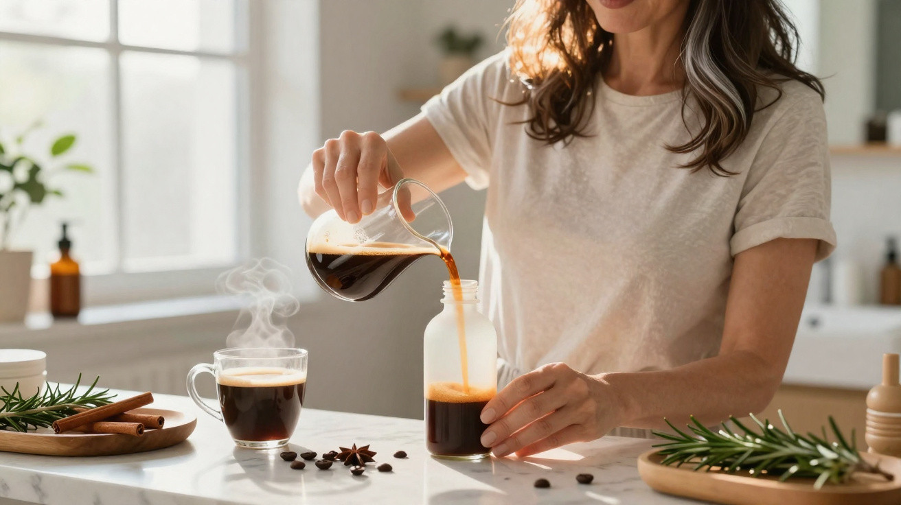 Frau gießt frisch gebrühten Kaffee aus einem Glas in eine Flasche in heller, sonnendurchfluteter Küche.