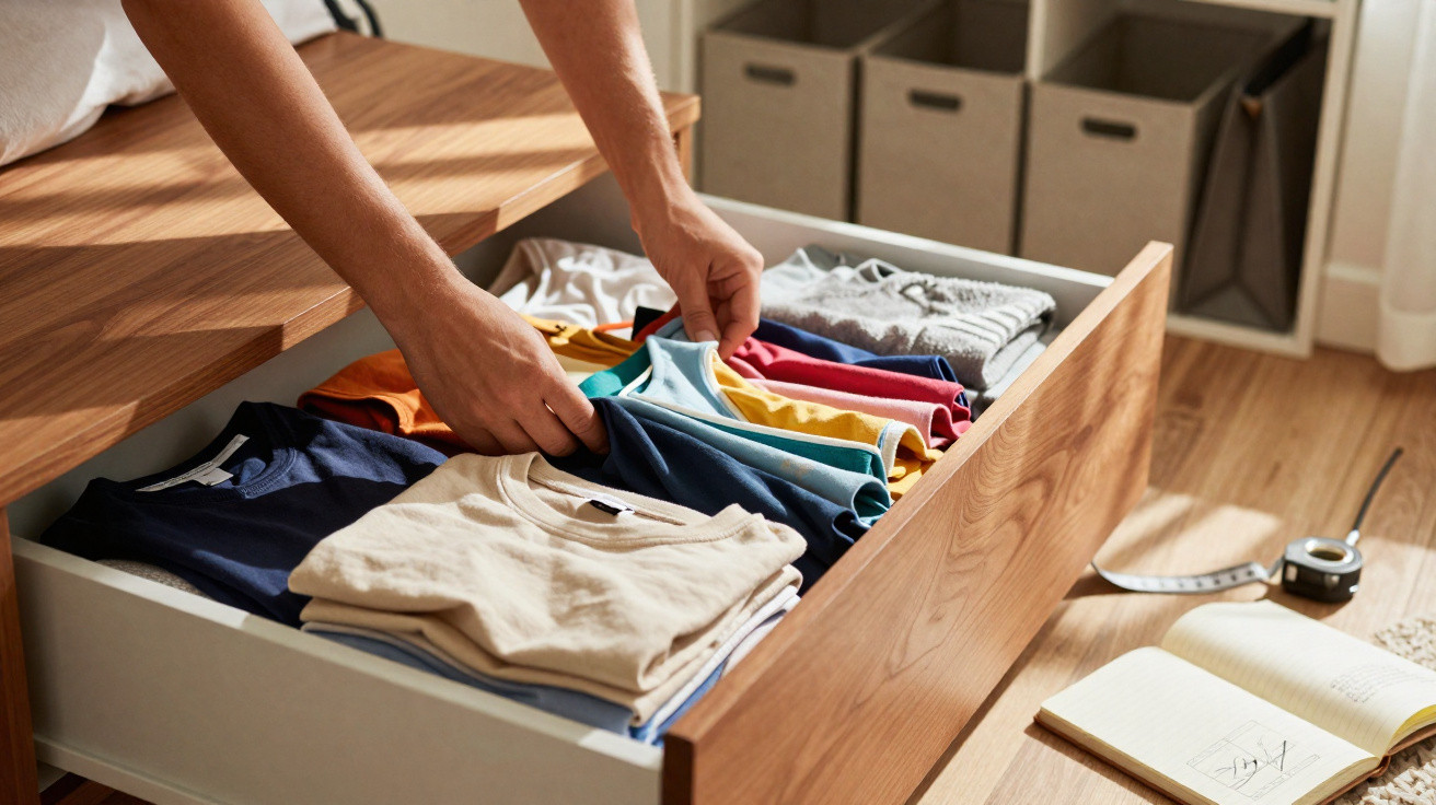 Person faltet bunte T-Shirts ordentlich in einer Holzkleiderkommode mit Schubladen im Schlafzimmer.