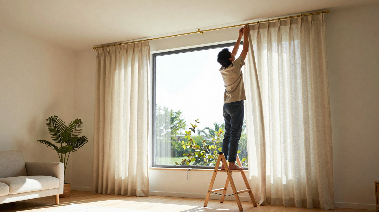 Mann steht auf Trittleiter und bringt helle Vorhänge an einem großen Fenster in modernem Wohnzimmer an.