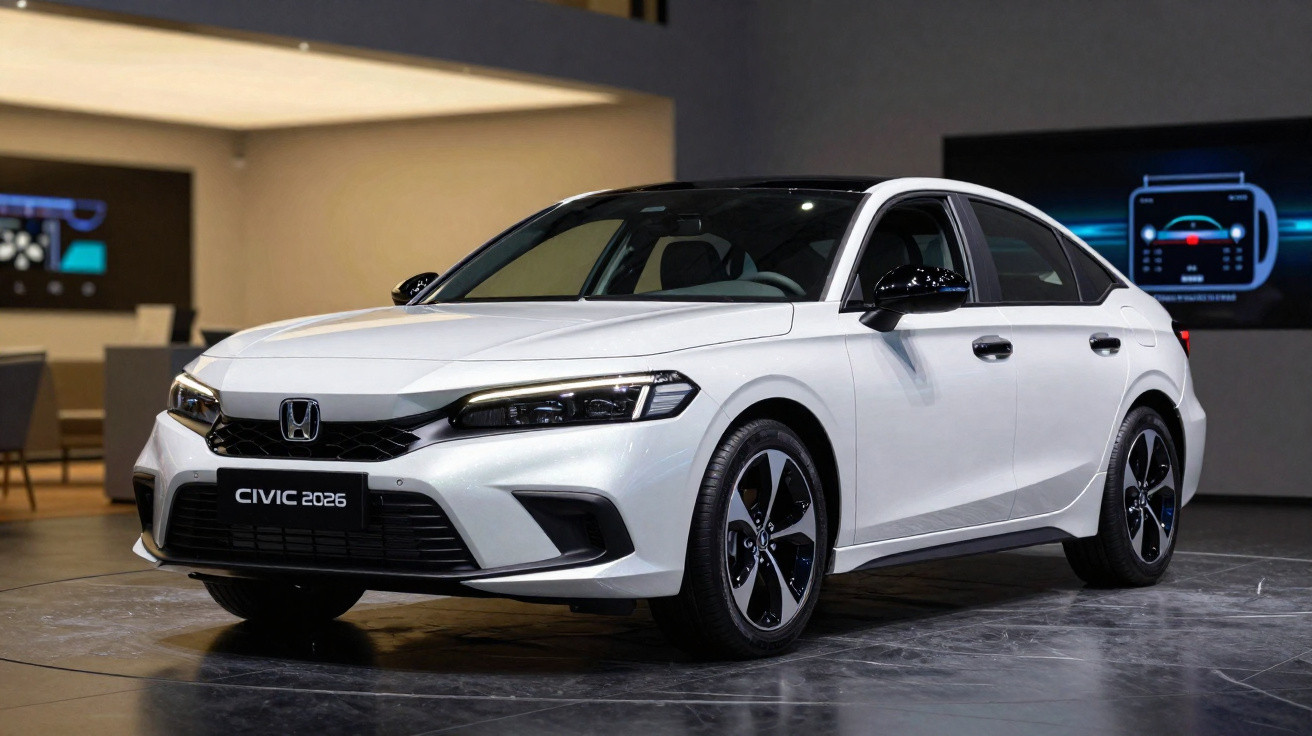 Weißer Honda Civic 2026 im Ausstellungsraum, moderner Kompaktwagen mit markantem Design und LED-Scheinwerfern.