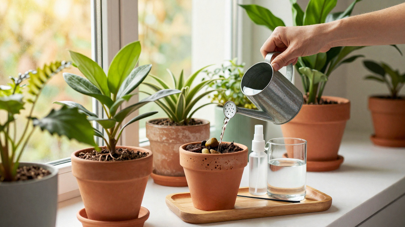 Hand gießt Wasser mit kleiner Gießkanne in Topfpflanze auf Fensterbank mit weiteren Pflanzen.