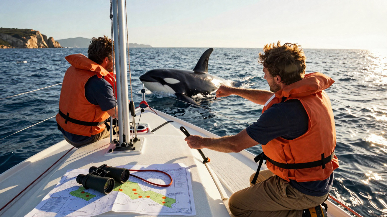 Zwei Männer mit Schwimmwesten auf Boot beobachten neugierige Orca nahe an der Wasseroberfläche.