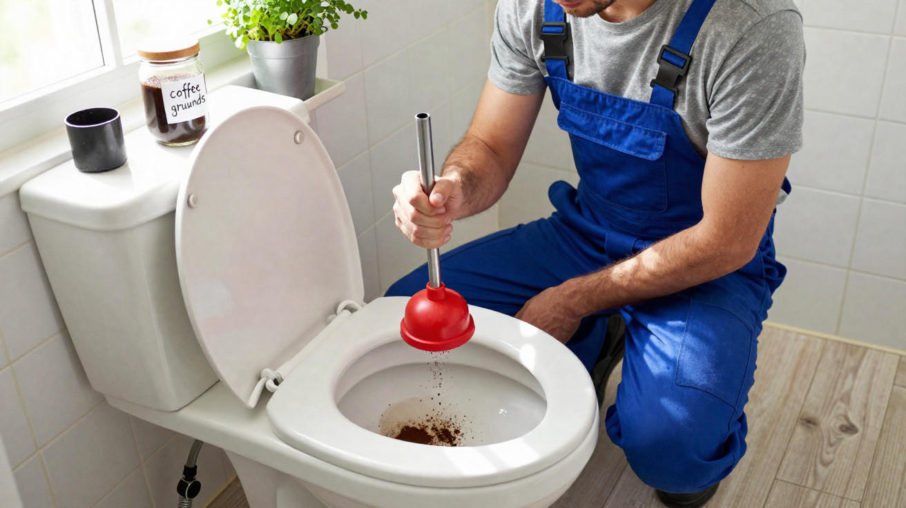 Mann in Arbeitskleidung benutzt Saugglocke, um Toilette mit Kaffeemehl zu reinigen.