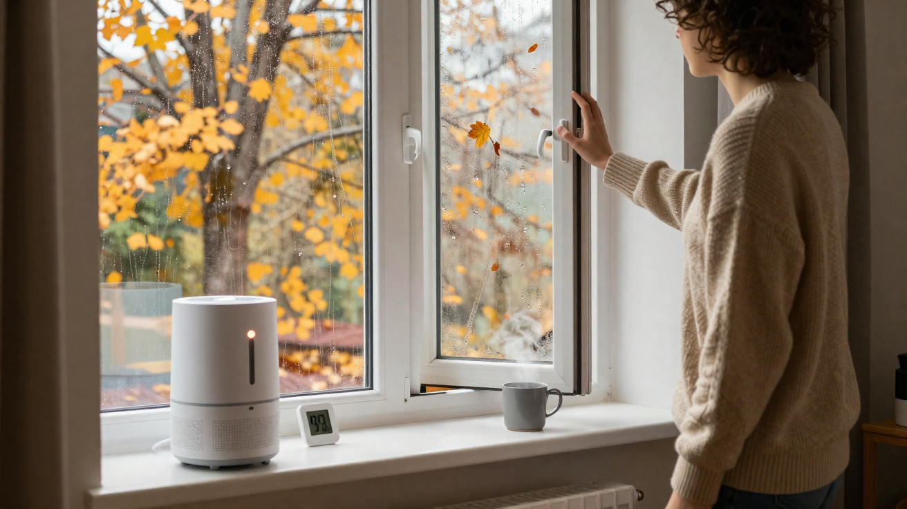Person öffnet Fenster an einem Herbsttag, auf der Fensterbank Luftbefeuchter, Tasse und Thermometer.