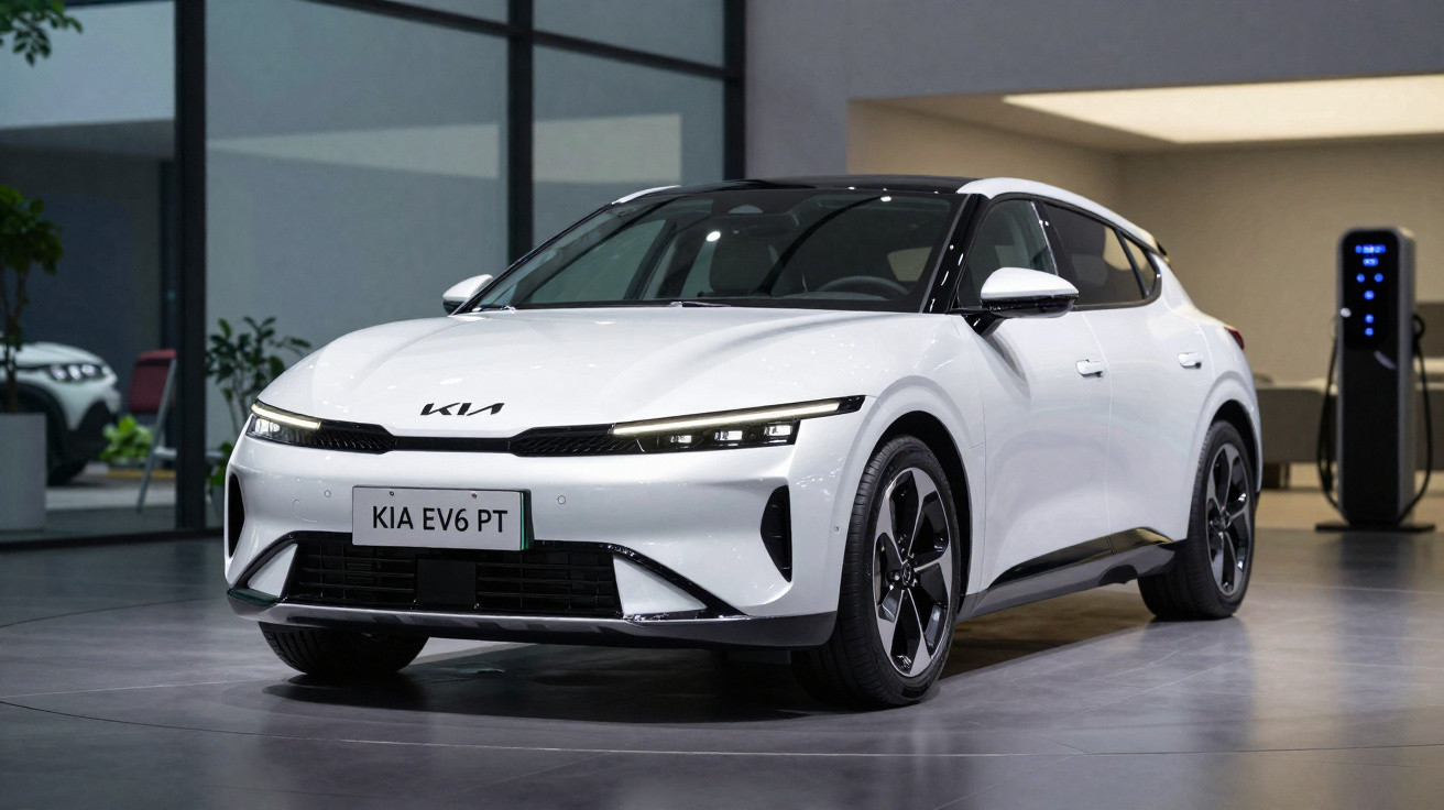 Weißes Kia EV6 Elektroauto in moderner Ausstellungshalle mit Ladestation im Hintergrund.