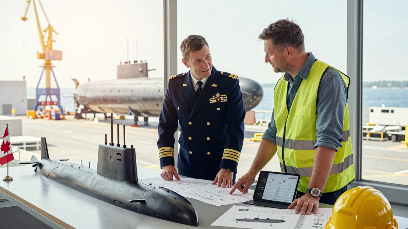 Zwei Männer in Uniform und Sicherheitsweste besprechen U-Boot-Modelle und Baupläne an Hafenfenster.