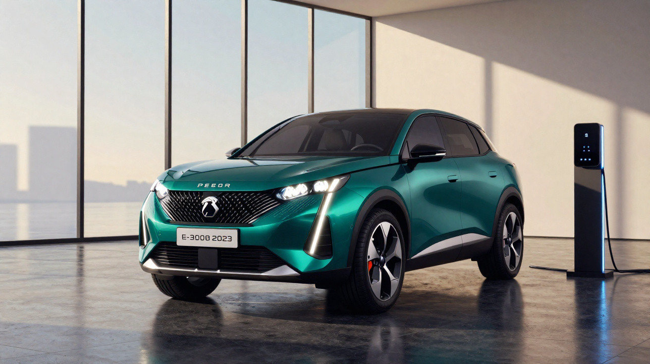 Grüner Peugeot E-3008 Elektro-SUV 2023 an Ladestation in hellem, modernem Raum mit großen Fenstern.