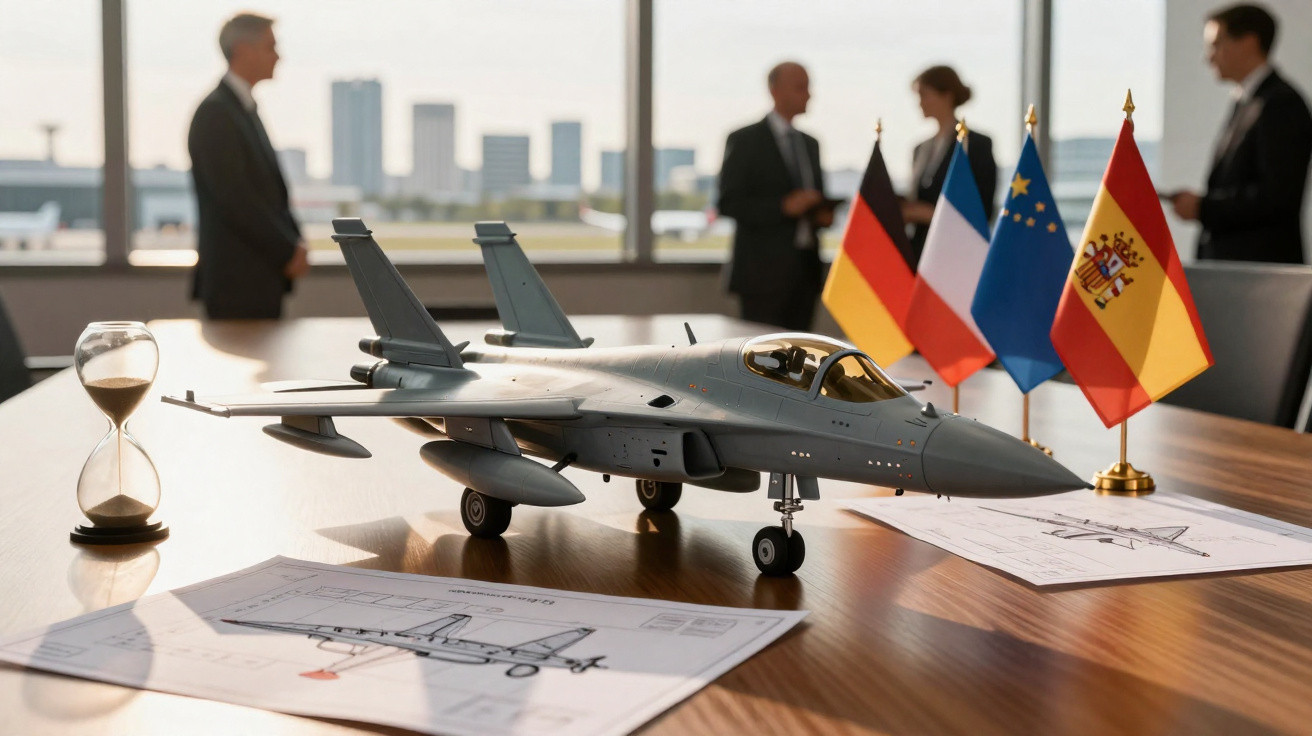 Modell eines Kampfjets auf einem Tisch mit technischen Zeichnungen, Sanduhr und Flaggen, Personen im Hintergrund.