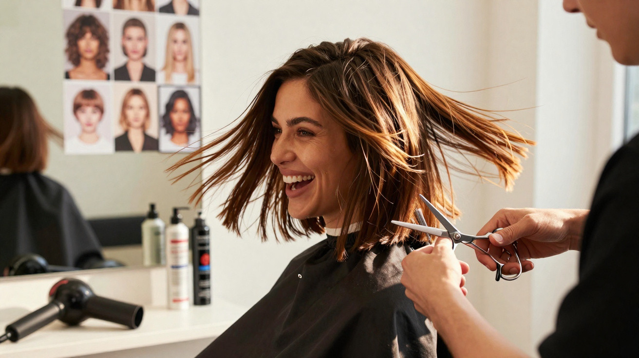 Frau freut sich beim Haarschnitt im Friseursalon, Haare werden mit Schere geschnitten.