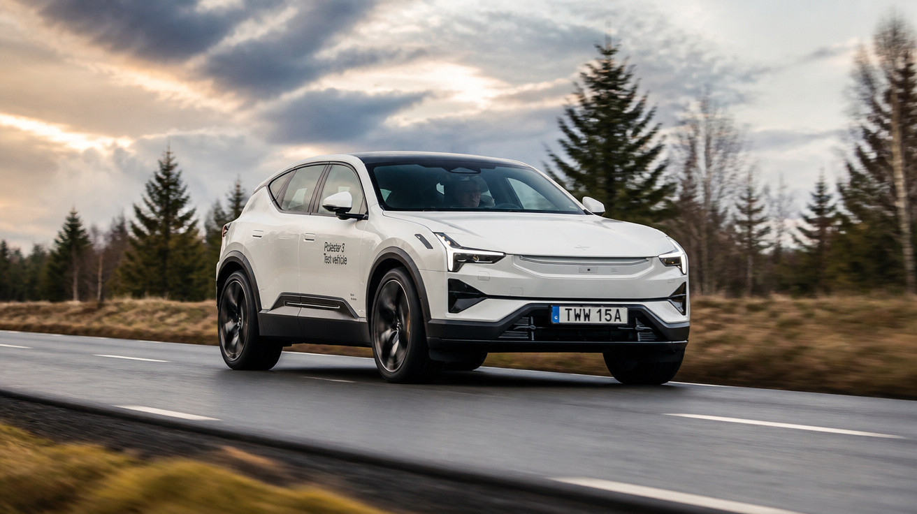Weißes Elektroauto Polestar 2 fährt auf einer Landstraße bei bewölktem Himmel in einer ländlichen Gegend.