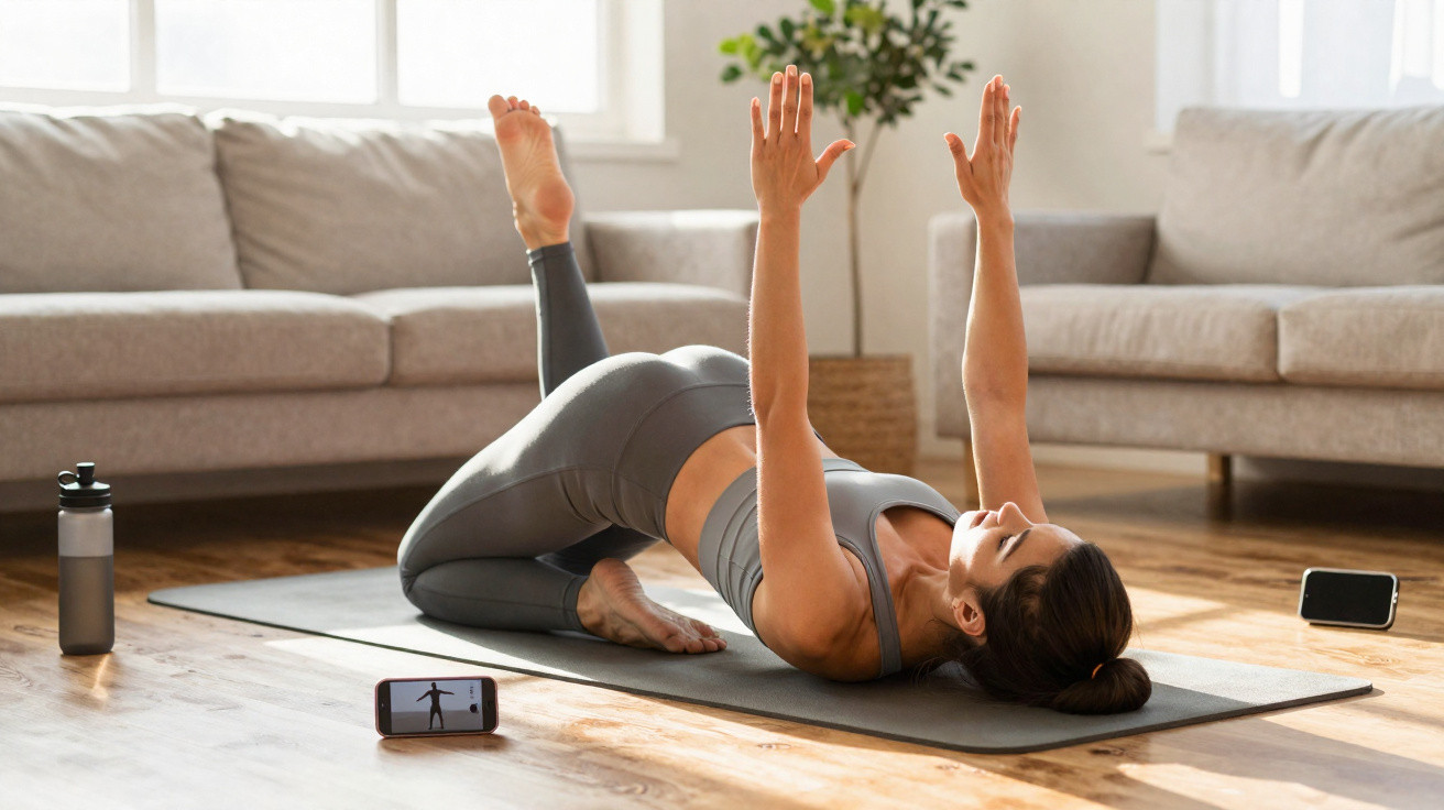 Frau macht Yoga-Übung auf Matte im Wohnzimmer, mit Handy und Wasserflasche daneben.
