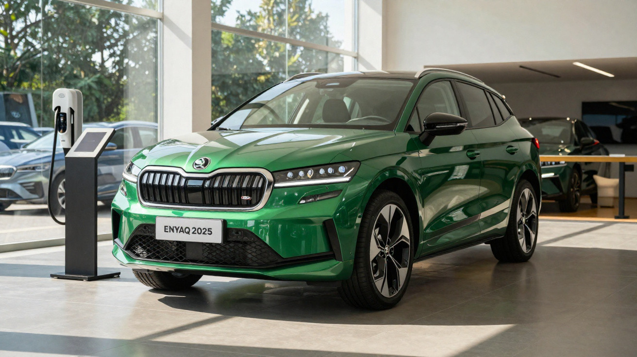 Grüner Škoda Enyaq 2025 Elektro-SUV im Autohaus neben Ladestation stehend bei Tageslicht.
