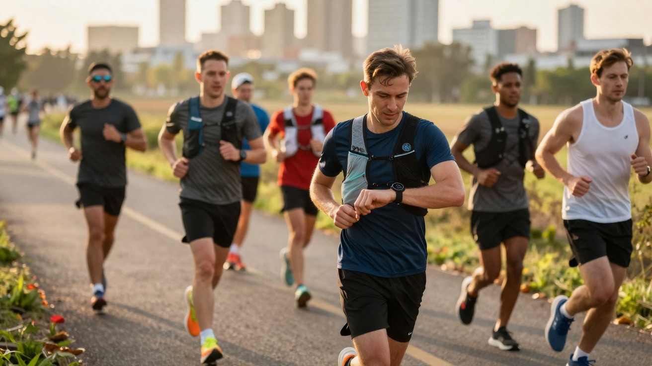 Gruppe joggender Männer auf einem Weg in der Stadt, einer schaut auf seine Sportuhr, Sonnenaufgang im Hintergrund.